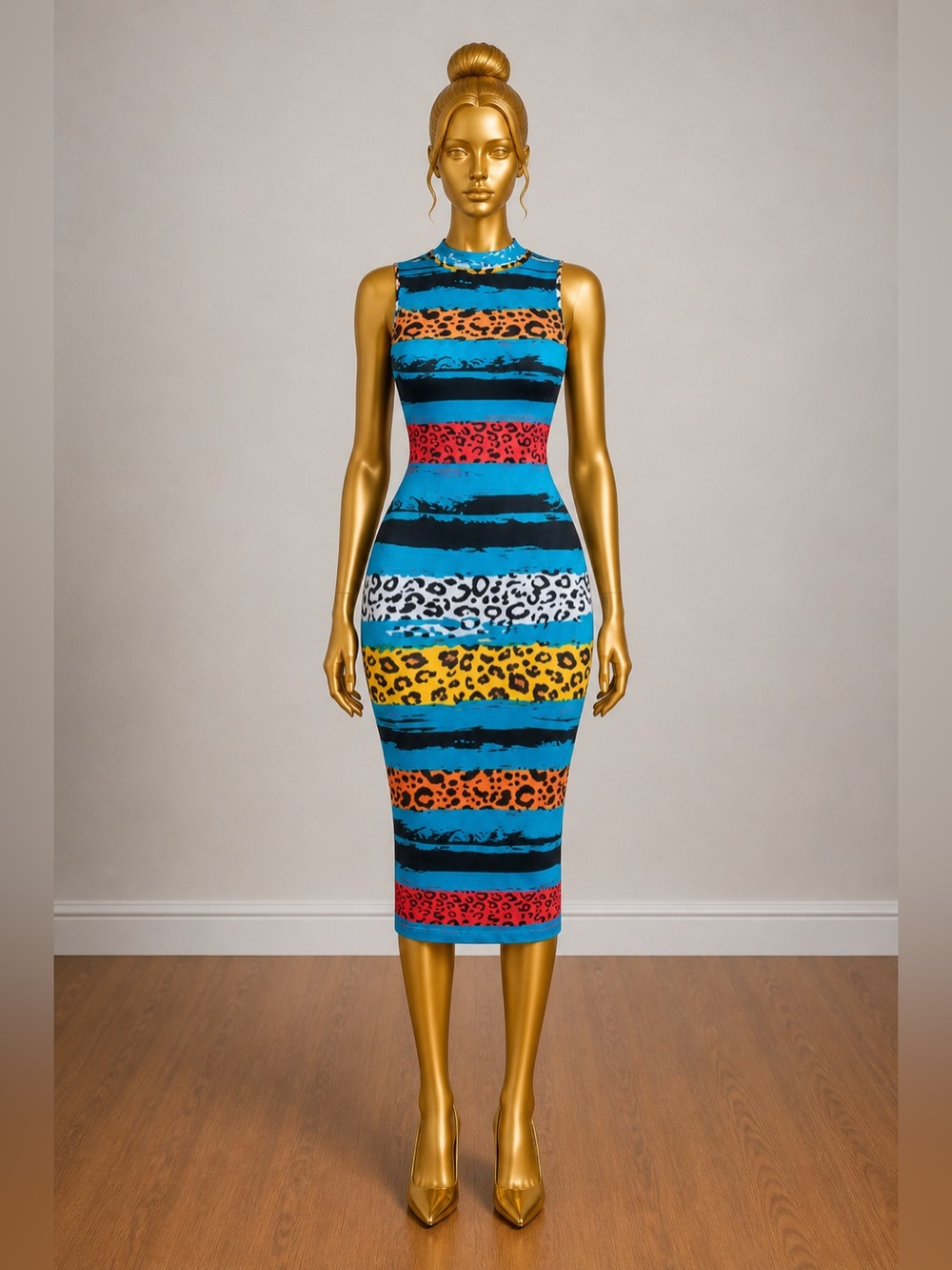 SHEIN Turquoise Multicolor Animal-Print Midi Bodycon Dress